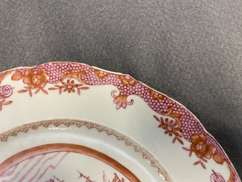 A Chinese export 'Nordic Society' plate dated 1785 and one inscribed 'Dus Leydons Vriendschap', Qianlong